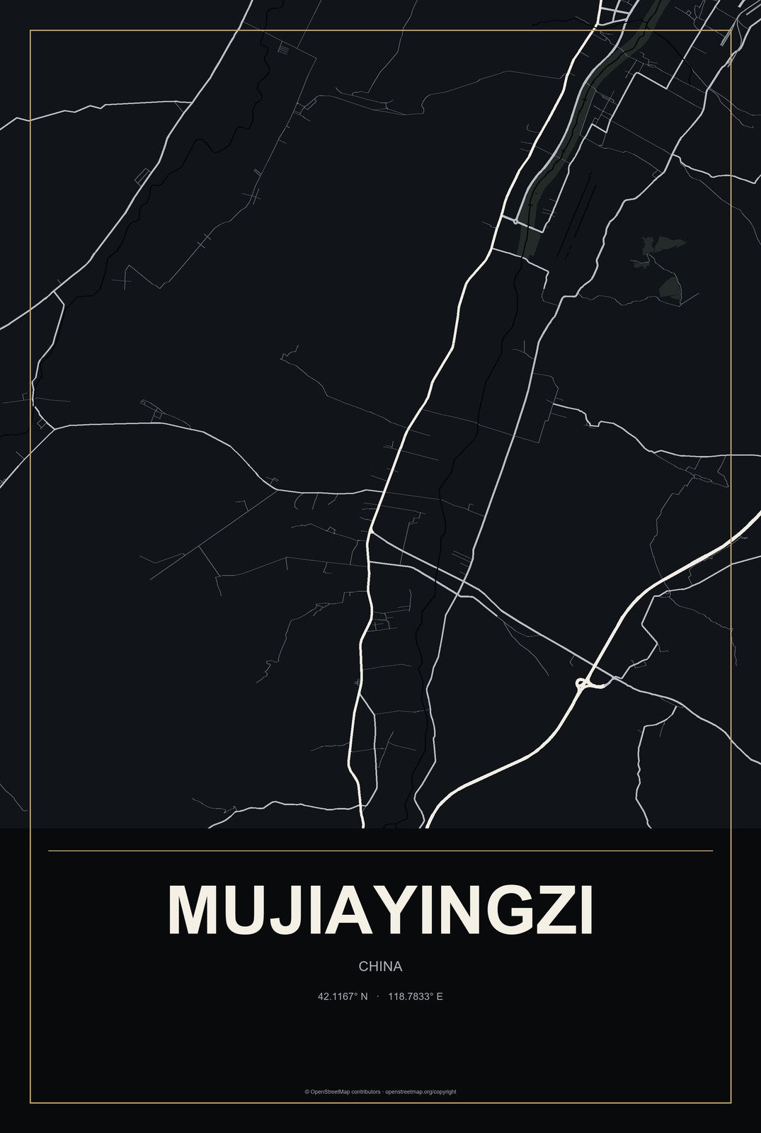 Mujiayingzi, China City Map Aluminum Sign in Metropolitan Noir style