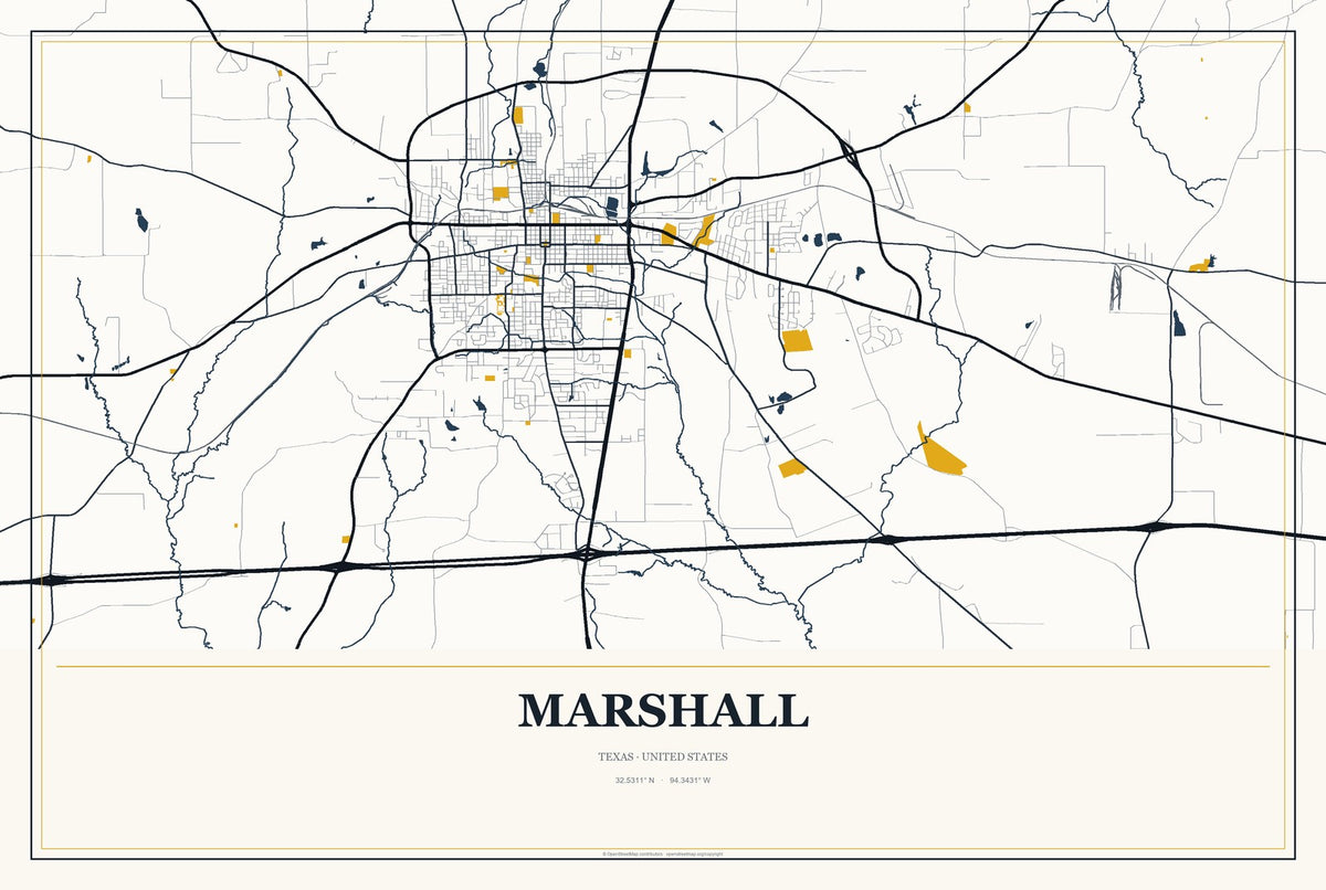 Marshall, Texas City Map Aluminum Sign in Citrine Modern style