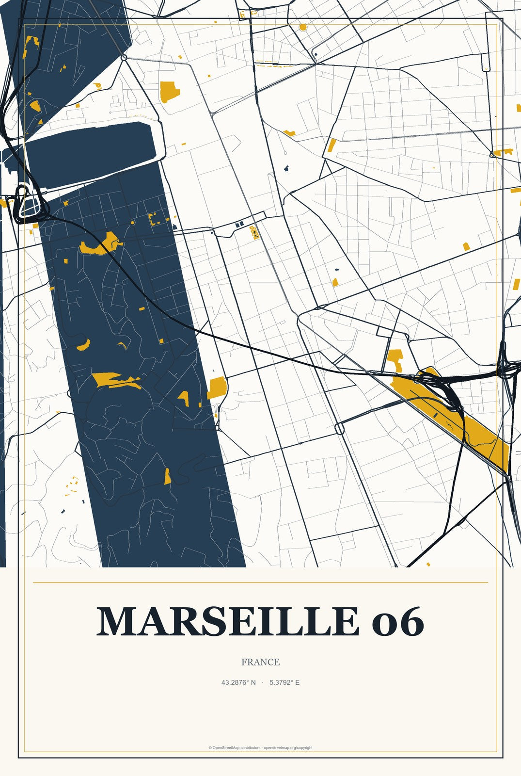 Marseille 06, France City Map Aluminum Sign in Citrine Modern style