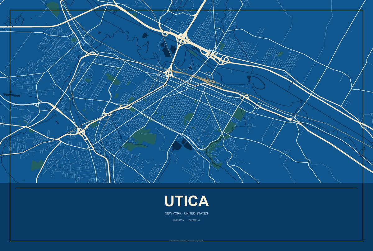 Utica, New York City Map Aluminum Sign in Harbor Cobalt style