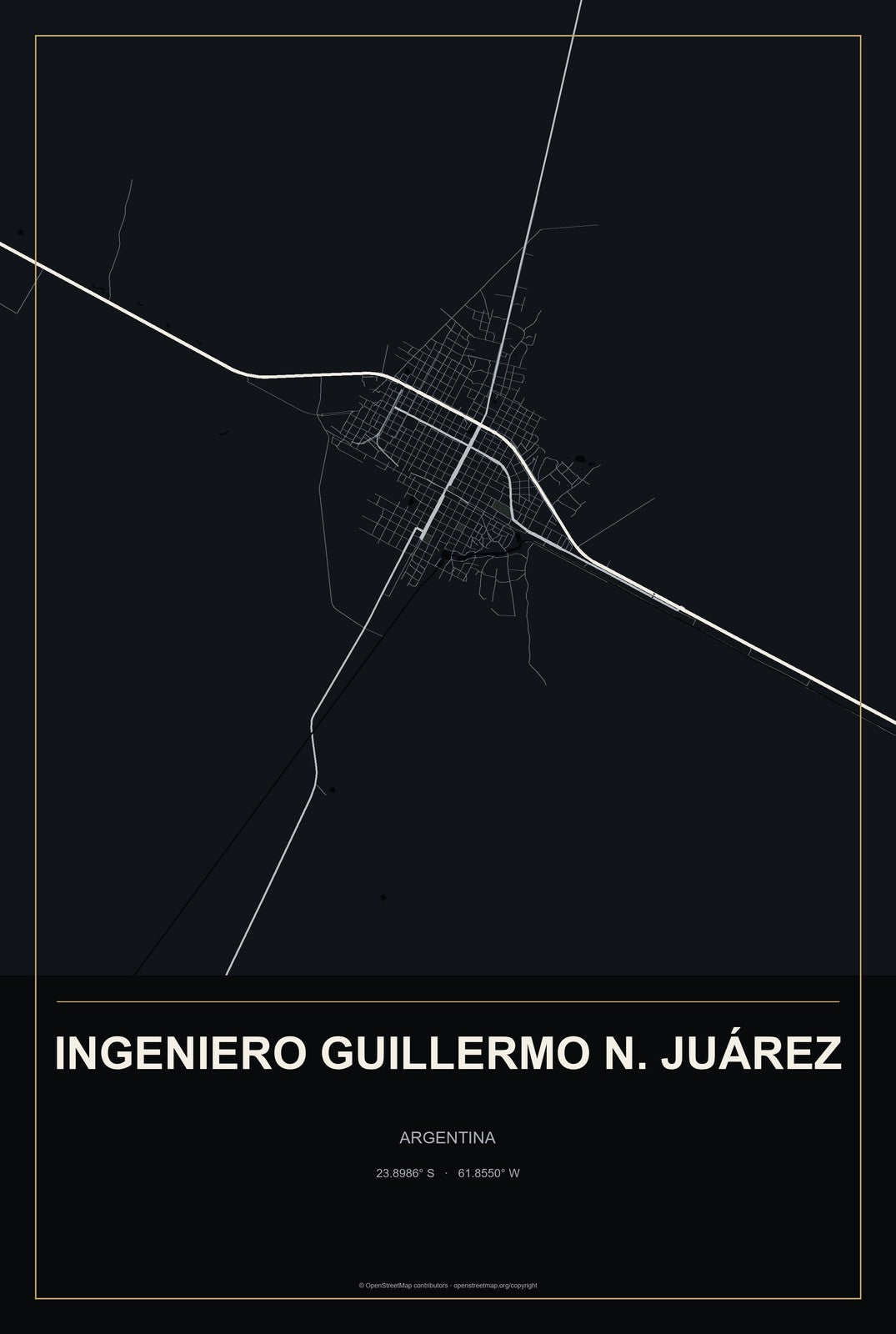 Ingeniero Guillermo N. Juárez, Argentina City Map Aluminum Sign in Metropolitan Noir style