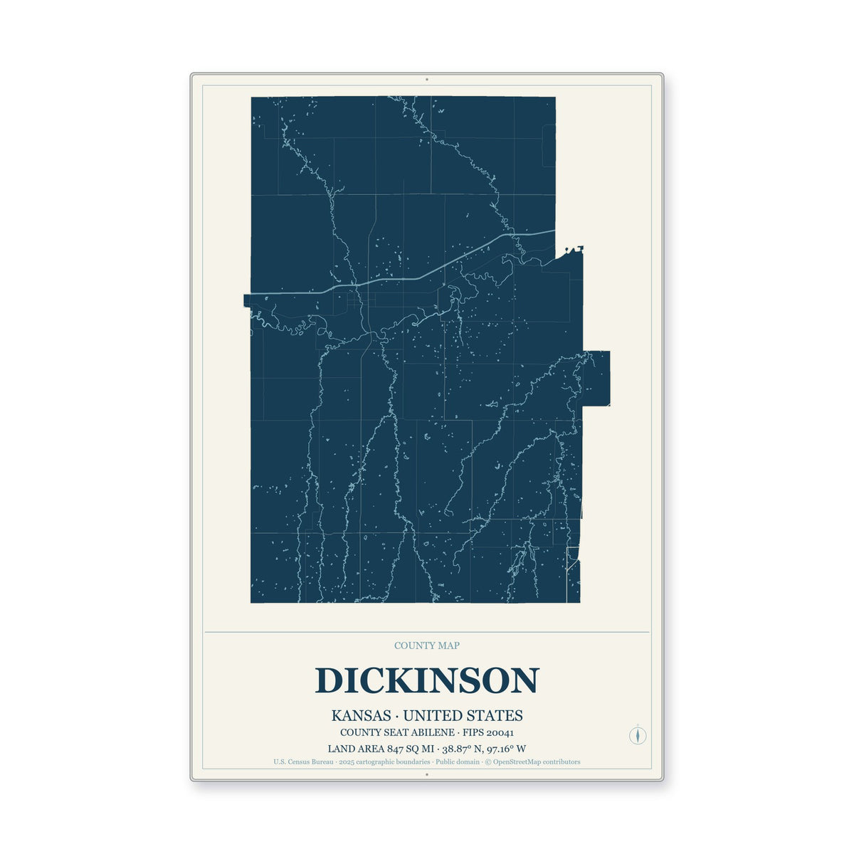 Dickinson County, Kansas Map Aluminum Sign in Coastal Cutout style