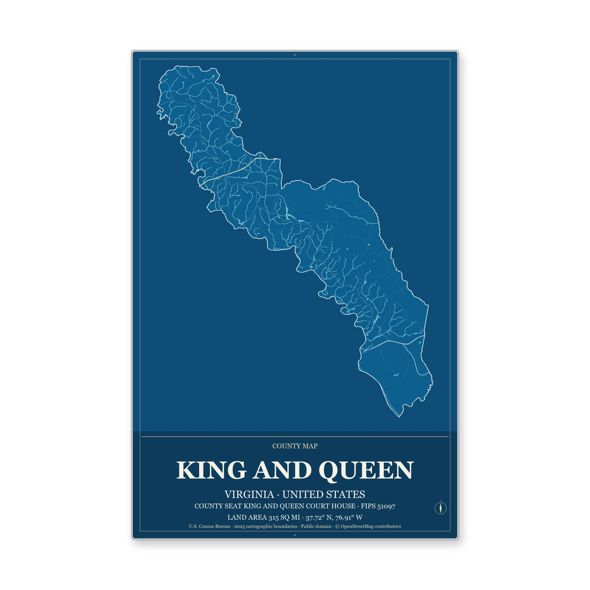 King and Queen County, Virginia Map Aluminum Sign in Harbor Cobalt style