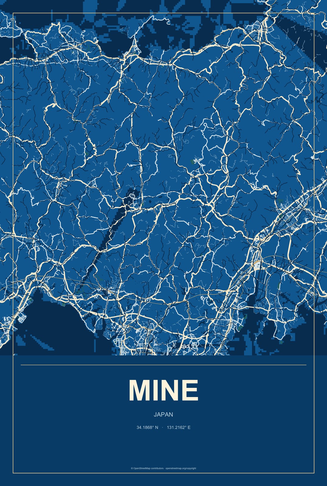 Mine, Japan City Map Aluminum Sign in Harbor Cobalt style