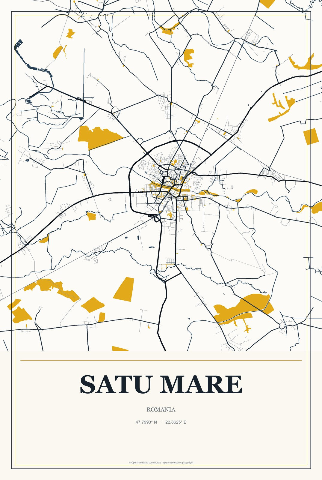 Satu Mare, Romania City Map Aluminum Sign in Citrine Modern style