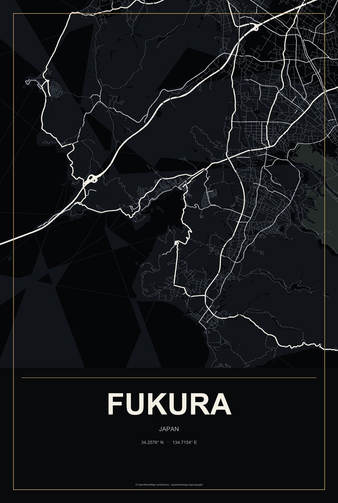 Fukura, Japan City Map Aluminum Sign in Metropolitan Noir style