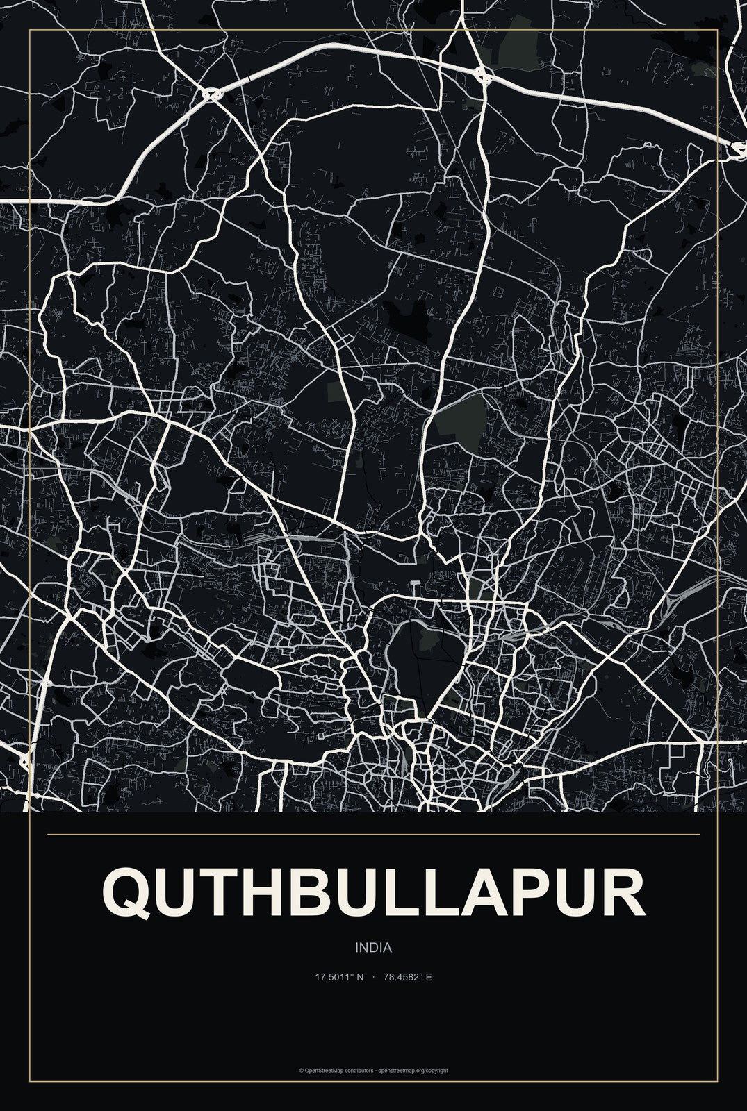 Quthbullapur, India City Map Aluminum Sign in Metropolitan Noir style