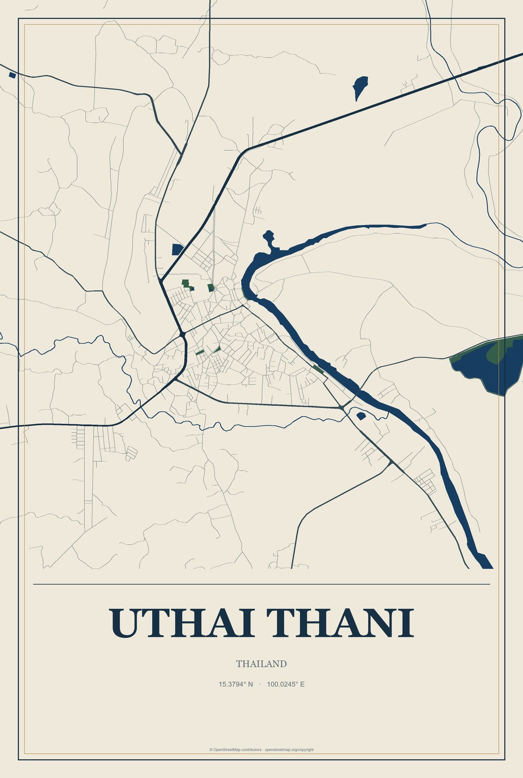 Uthai Thani, Thailand City Map Aluminum Sign in Coastal Cutout style