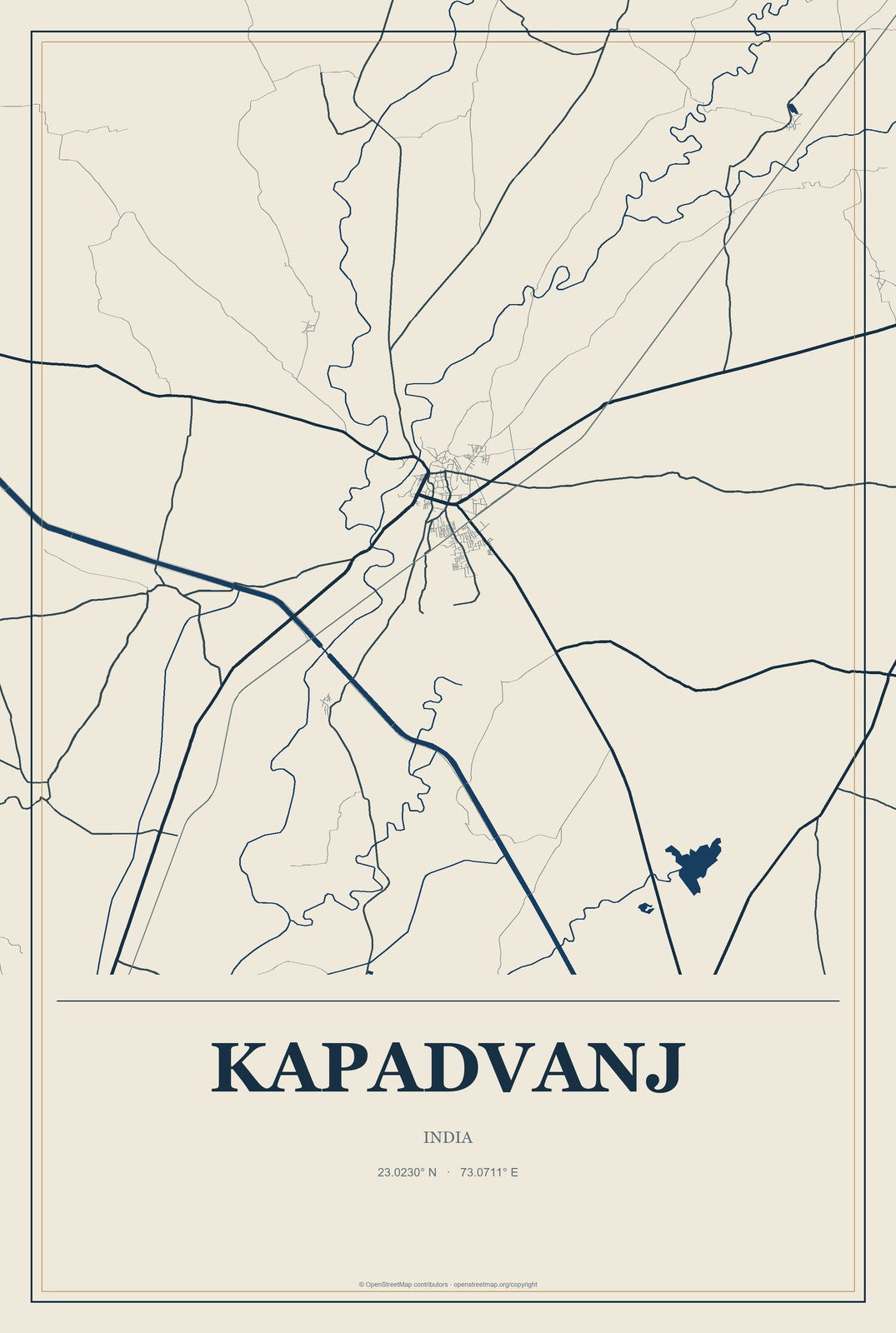 Kapadvanj, India City Map Aluminum Sign in Coastal Cutout style
