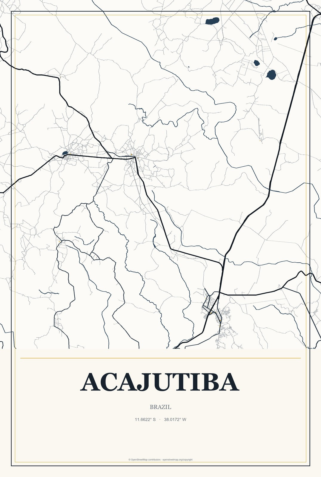 Acajutiba, Brazil City Map Aluminum Sign in Citrine Modern style