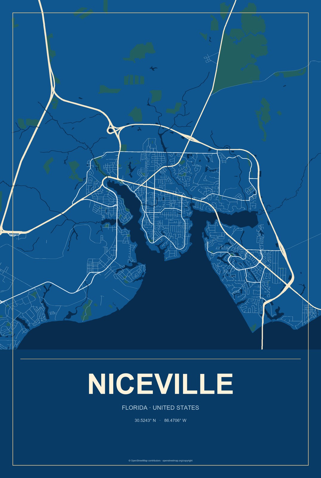 Niceville, Florida City Map Aluminum Sign in Harbor Cobalt style