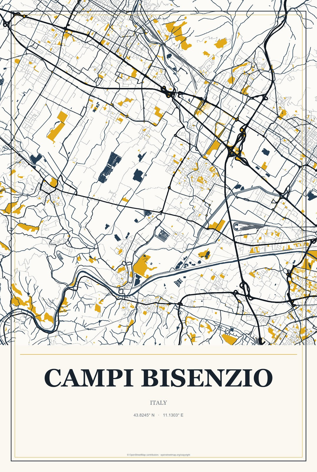 Campi Bisenzio, Italy City Map Aluminum Sign in Citrine Modern style