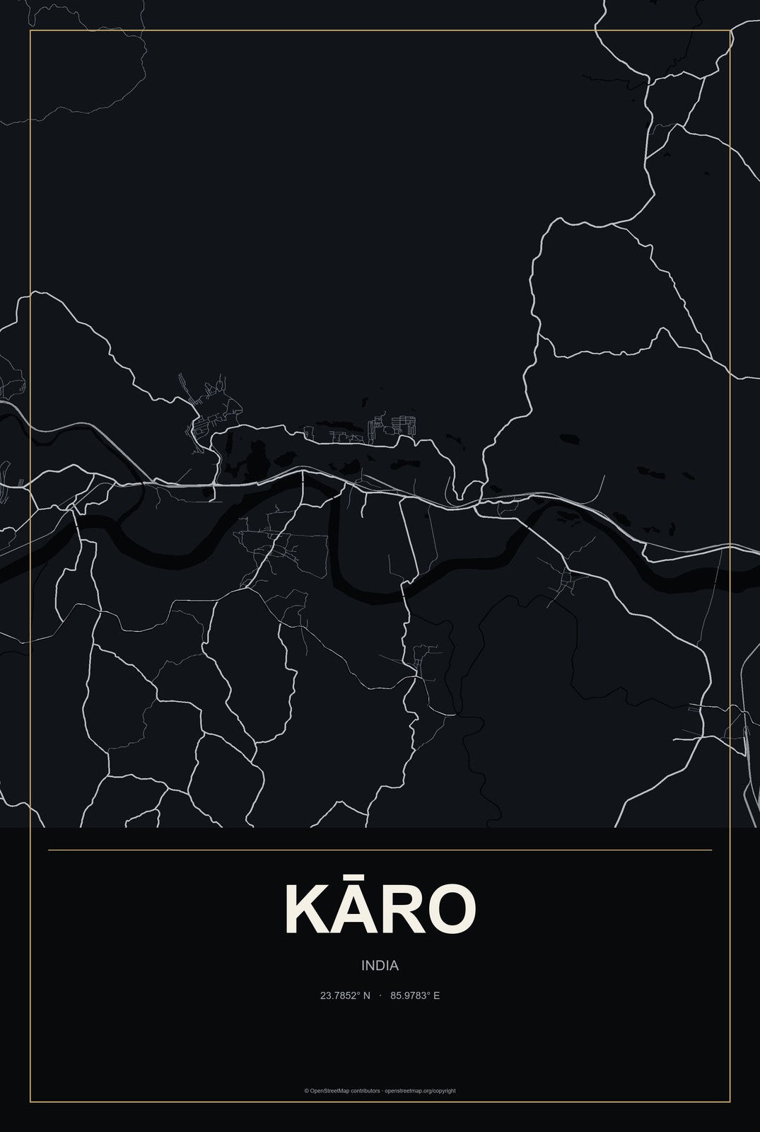 Kāro, India City Map Aluminum Sign in Metropolitan Noir style