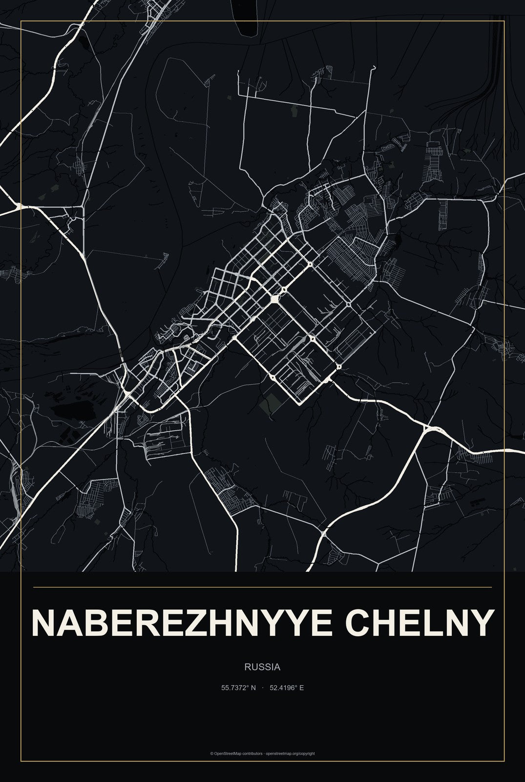 Naberezhnyye Chelny, Russia City Map Aluminum Sign in Metropolitan Noir style