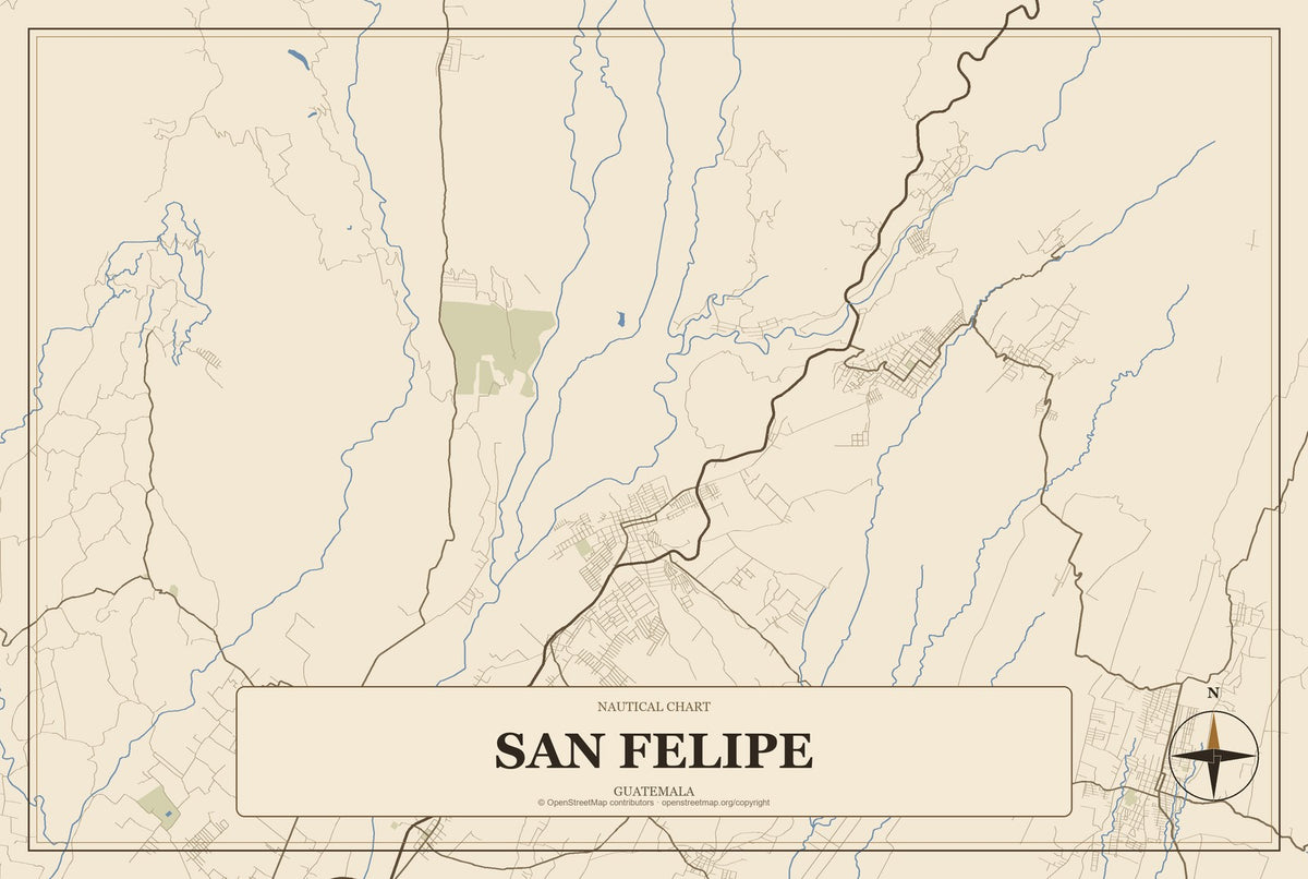 San Felipe, Guatemala City Map Aluminum Sign in Heritage Nautical style