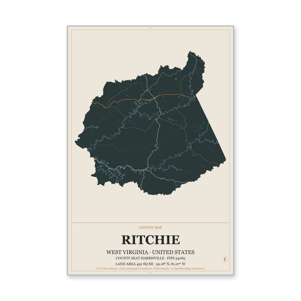 Ritchie County, West Virginia Map Aluminum Sign in Headline Atlas style