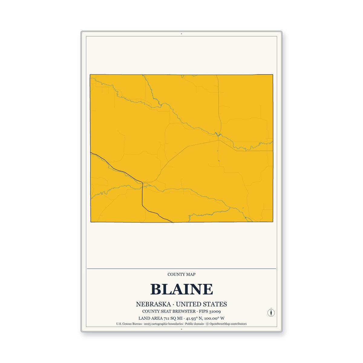 Blaine County, Nebraska Map Aluminum Sign in Citrine Modern style
