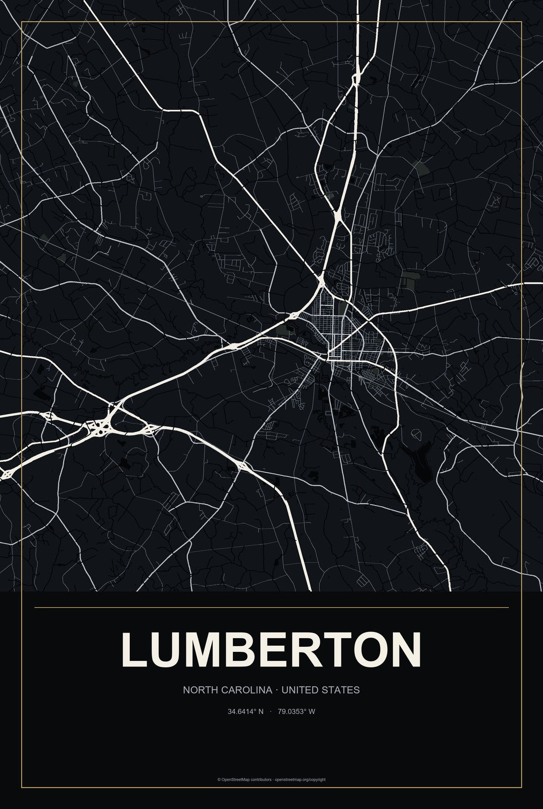Lumberton, North Carolina City Map Aluminum Sign in Metropolitan Noir style