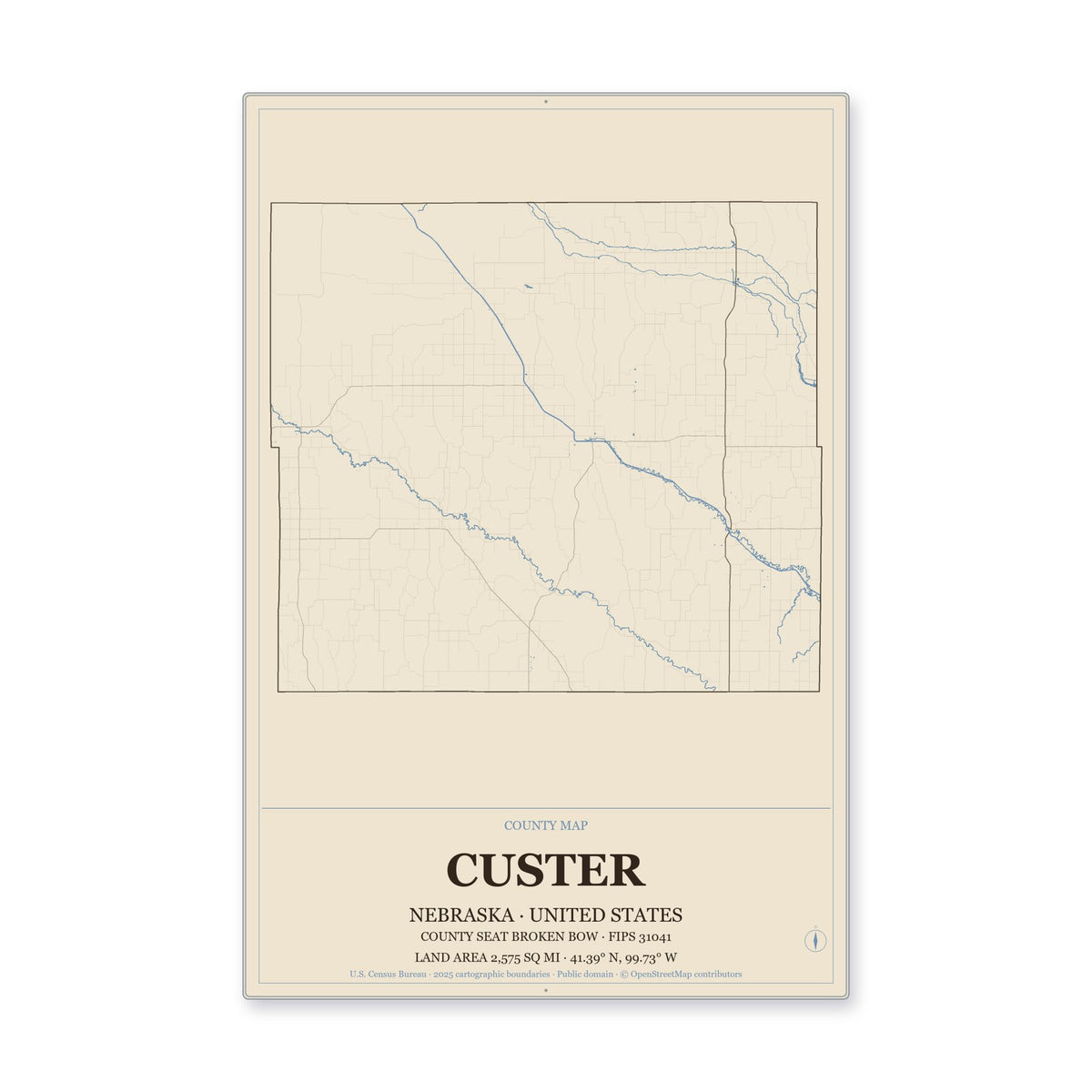 Custer County, Nebraska Map Aluminum Sign in Heritage Nautical style