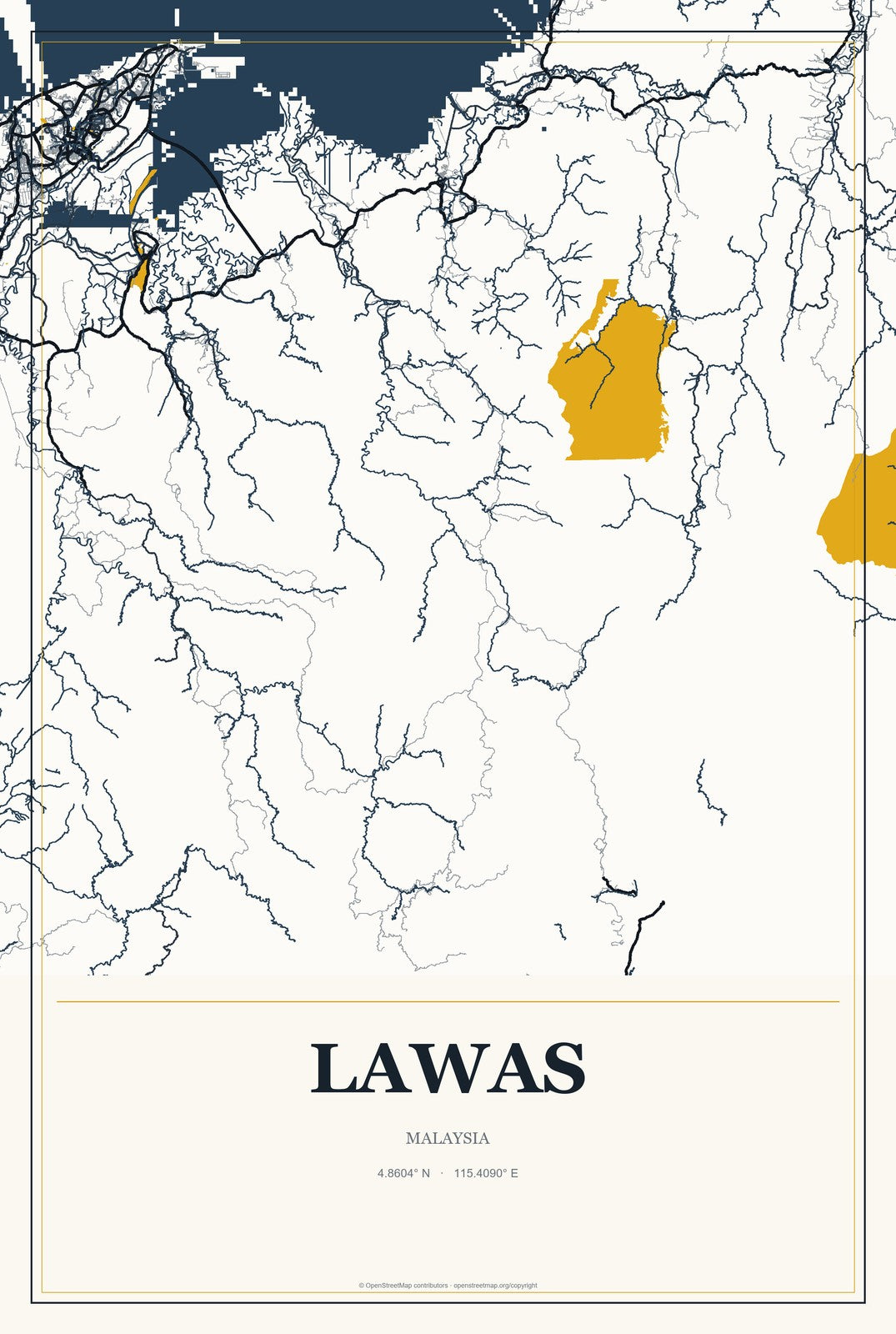 Lawas, Malaysia City Map Aluminum Sign in Citrine Modern style