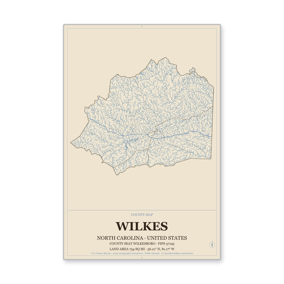 Wilkes County, North Carolina Map Aluminum Sign in Heritage Nautical style