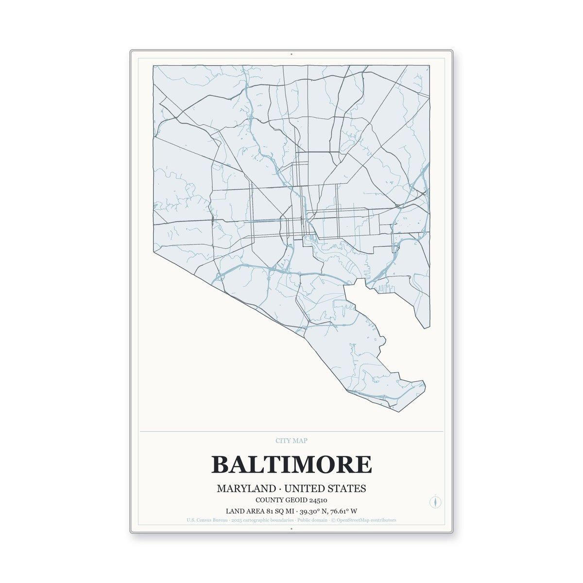 Baltimore city, Maryland Map Aluminum Sign in Gallery Air style