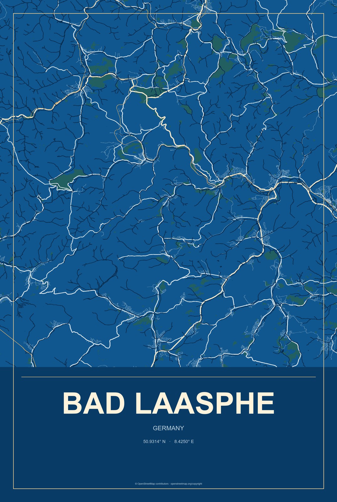 Bad Laasphe, Germany City Map Aluminum Sign in Harbor Cobalt style