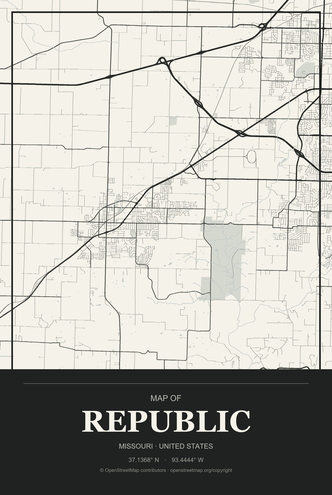 Republic, Missouri City Map Aluminum Sign in Museum Plaque style