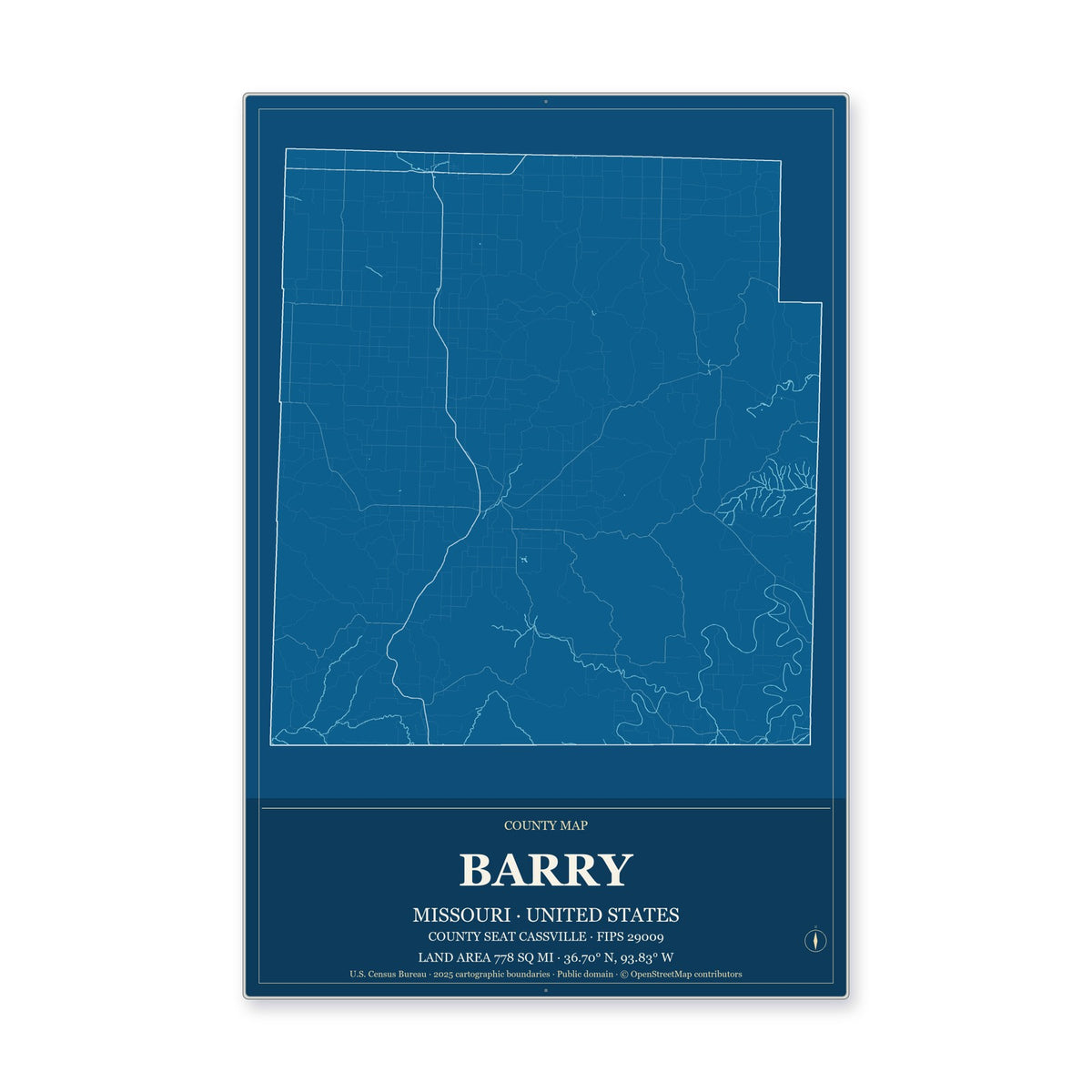 Barry County, Missouri Map Aluminum Sign in Harbor Cobalt style