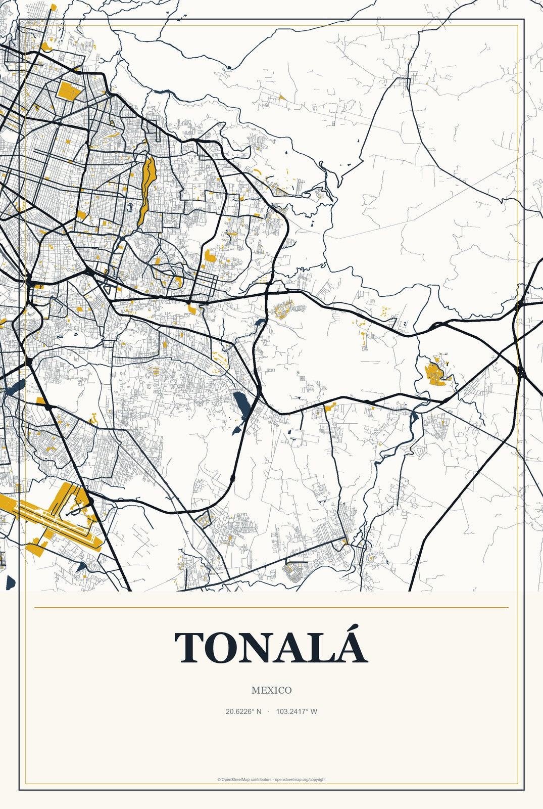 Tonalá, Chiapas, Mexico City Map Aluminum Sign in Citrine Modern style