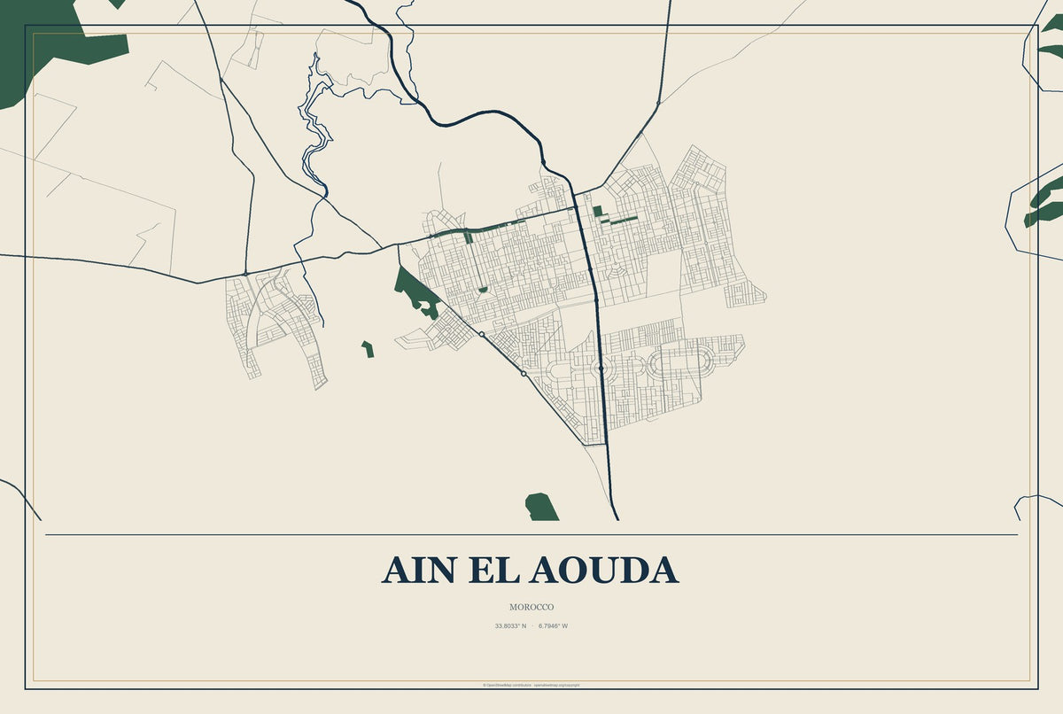 Ain El Aouda, Morocco City Map Aluminum Sign in Coastal Cutout style