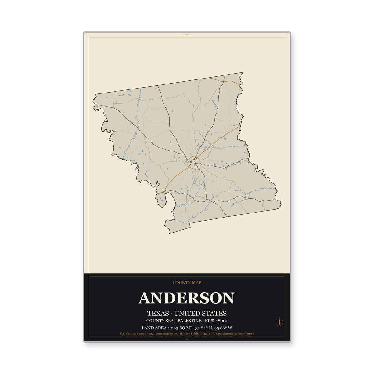 Anderson County, Texas Map Aluminum Sign in Museum Plaque style