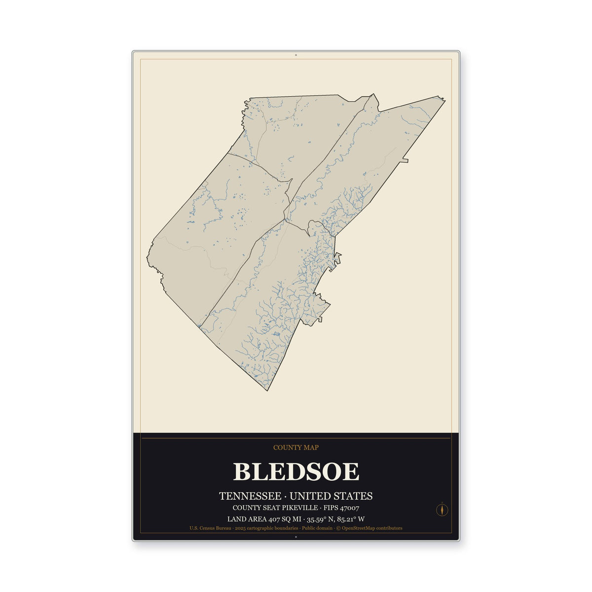 Bledsoe County, Tennessee Map Aluminum Sign in Museum Plaque style