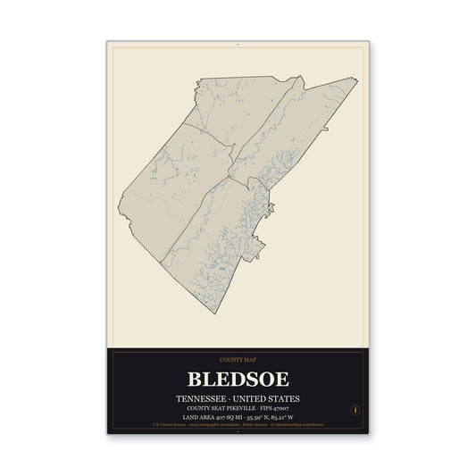 Bledsoe County, Tennessee Map Aluminum Sign in Museum Plaque style