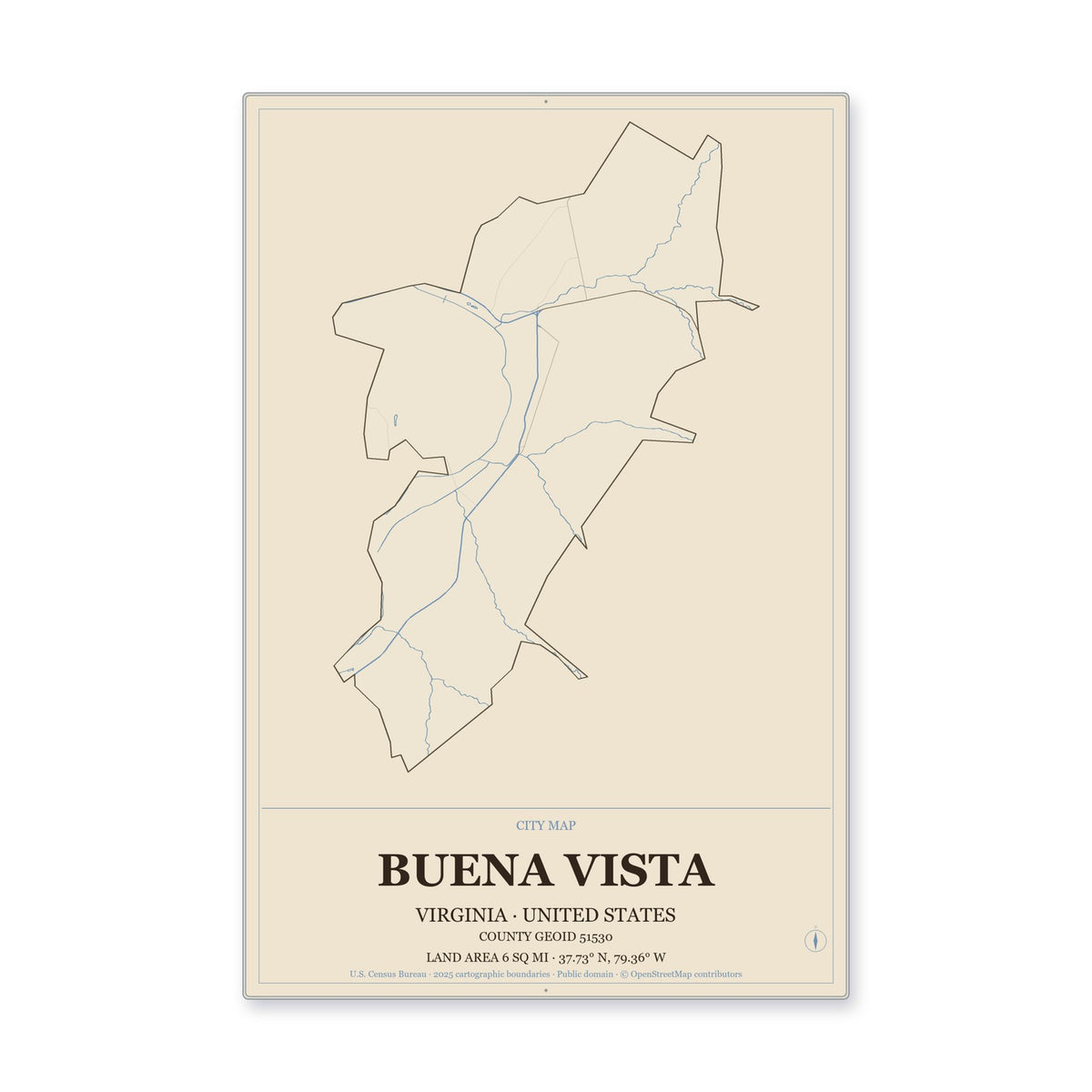 Buena Vista city, Virginia Map Aluminum Sign in Heritage Nautical style
