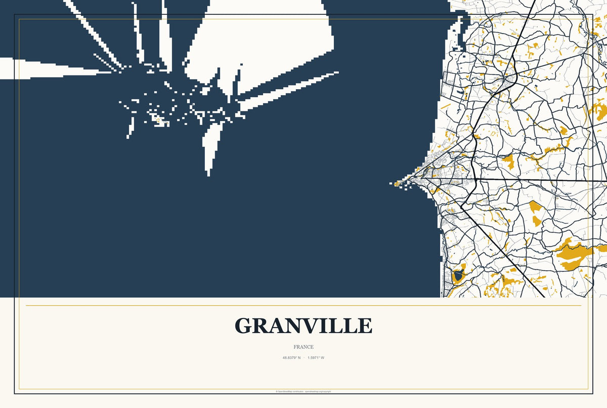 Granville, France City Map Aluminum Sign in Citrine Modern style