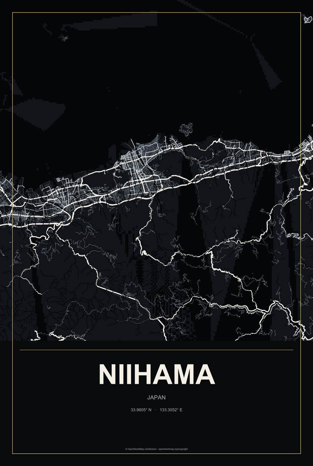 Niihama, Japan City Map Aluminum Sign in Metropolitan Noir style