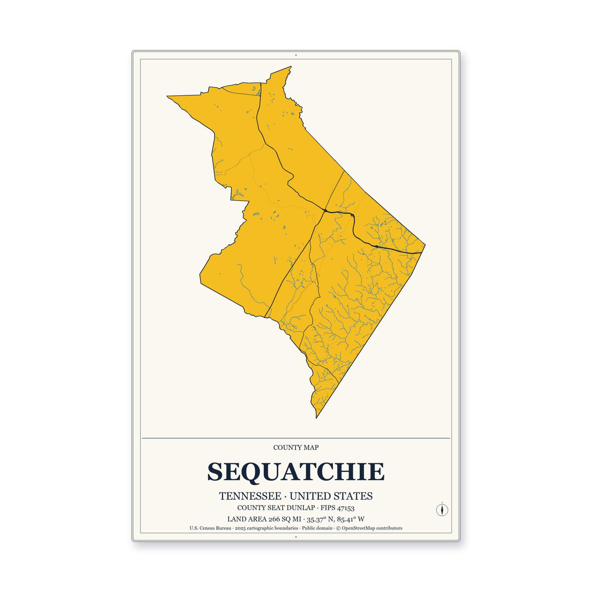 Sequatchie County, Tennessee Map Aluminum Sign in Citrine Modern style