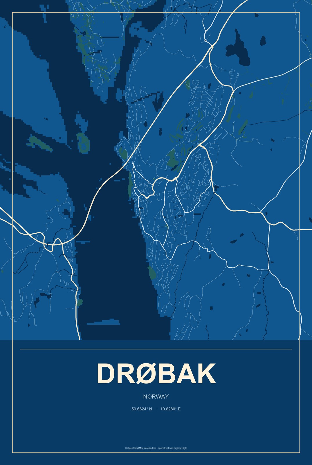 Drøbak, Norway City Map Aluminum Sign in Harbor Cobalt style