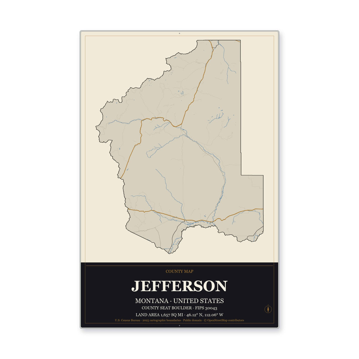 Jefferson County, Montana Map Aluminum Sign in Museum Plaque style