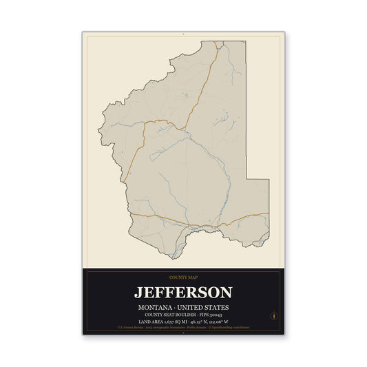 Jefferson County, Montana Map Aluminum Sign in Museum Plaque style