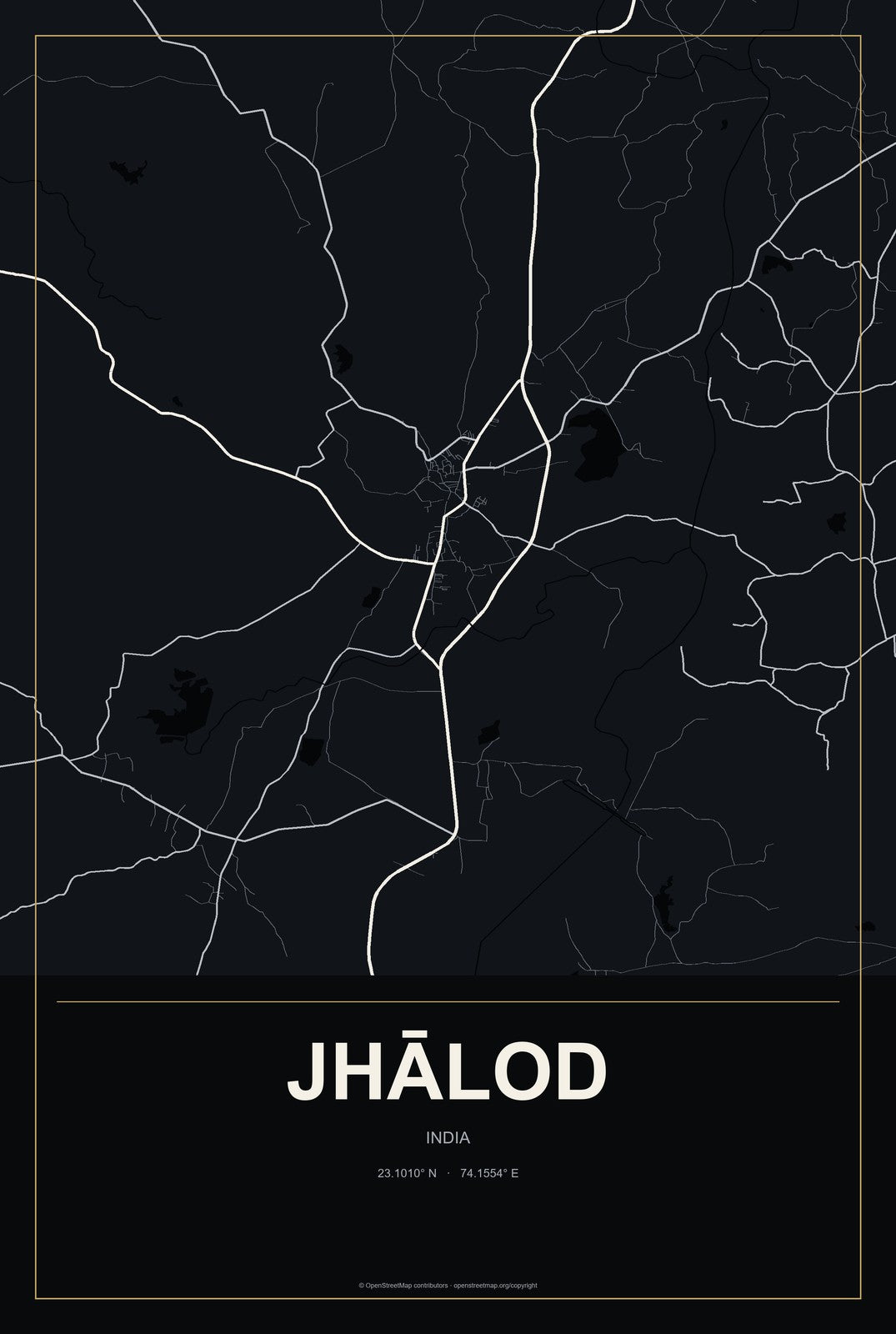 Jhālod, India City Map Aluminum Sign in Metropolitan Noir style