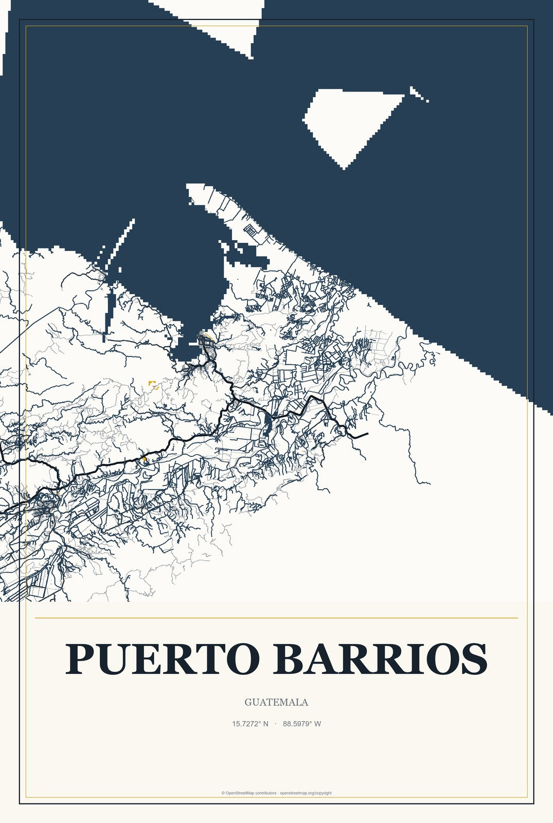Puerto Barrios, Guatemala City Map Aluminum Sign in Citrine Modern style
