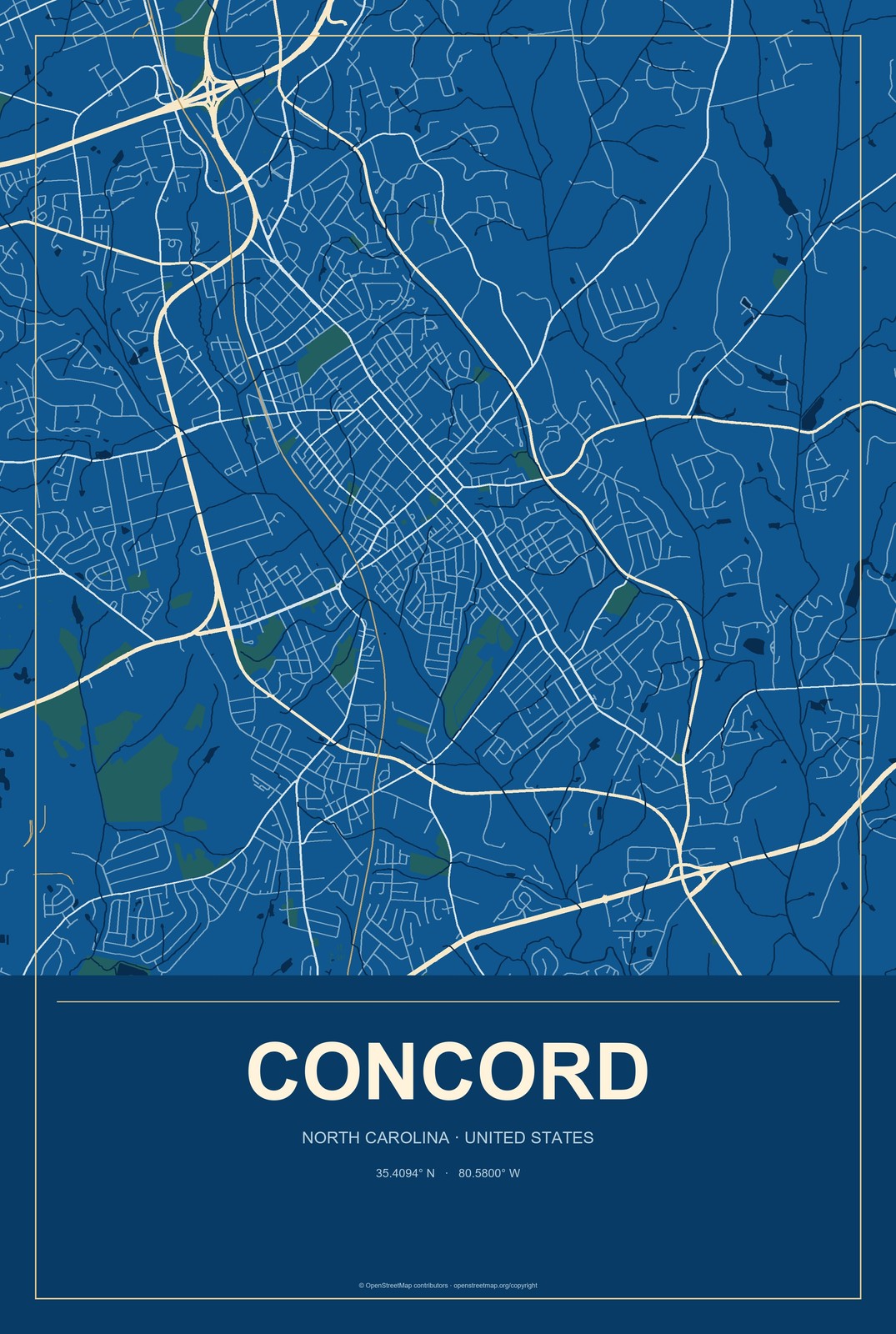 Concord, North Carolina City Map Aluminum Sign in Harbor Cobalt style