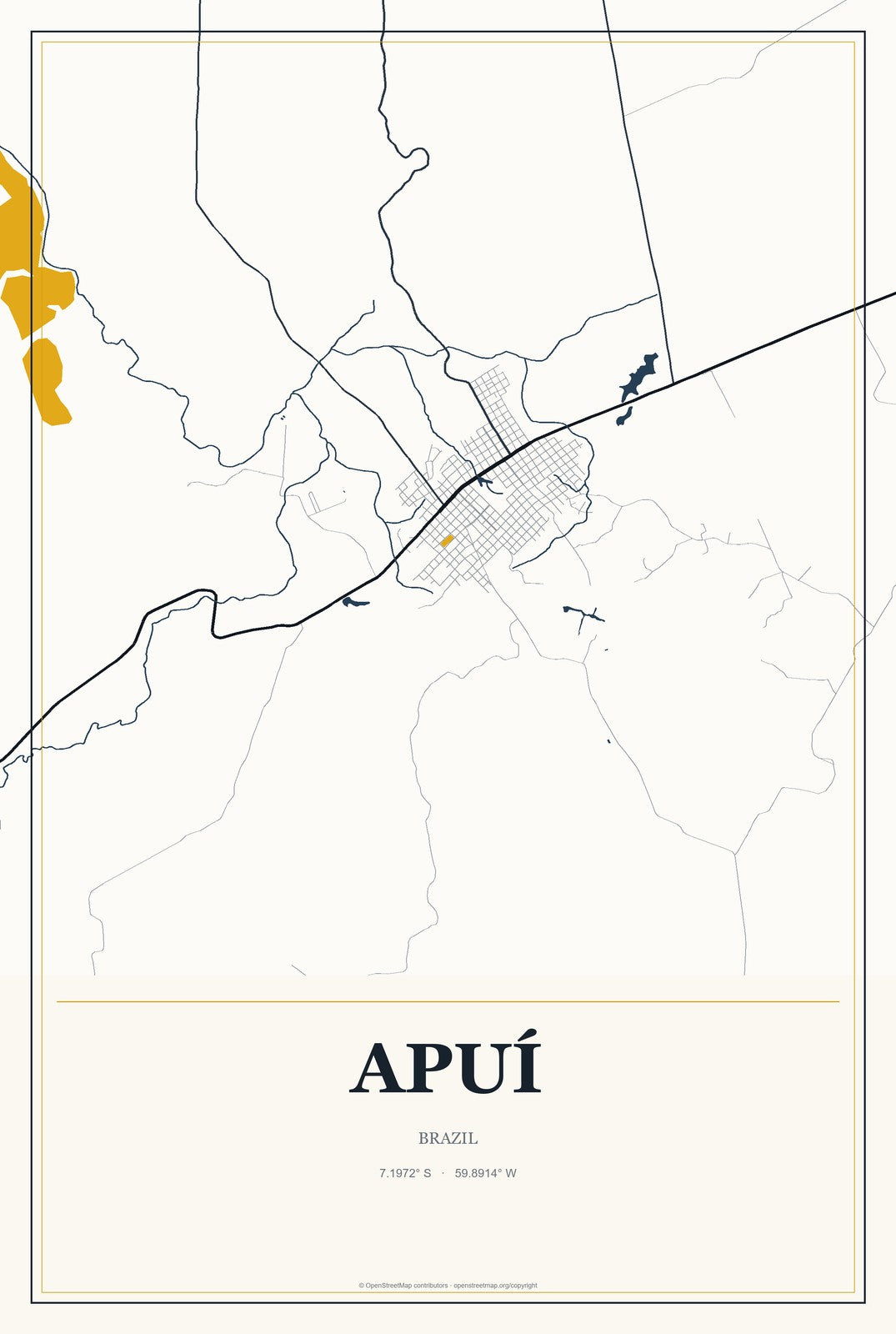 Apuí, Brazil City Map Aluminum Sign in Citrine Modern style