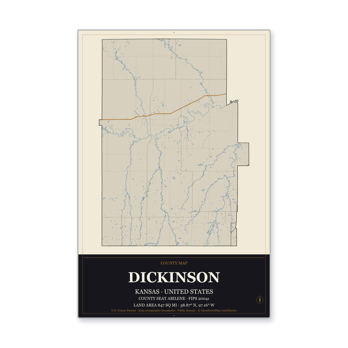 Dickinson County, Kansas Map Aluminum Sign in Museum Plaque style