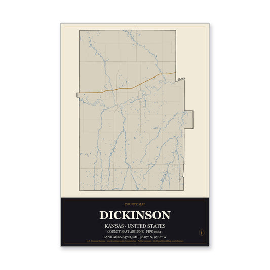 Dickinson County, Kansas Map Aluminum Sign in Museum Plaque style