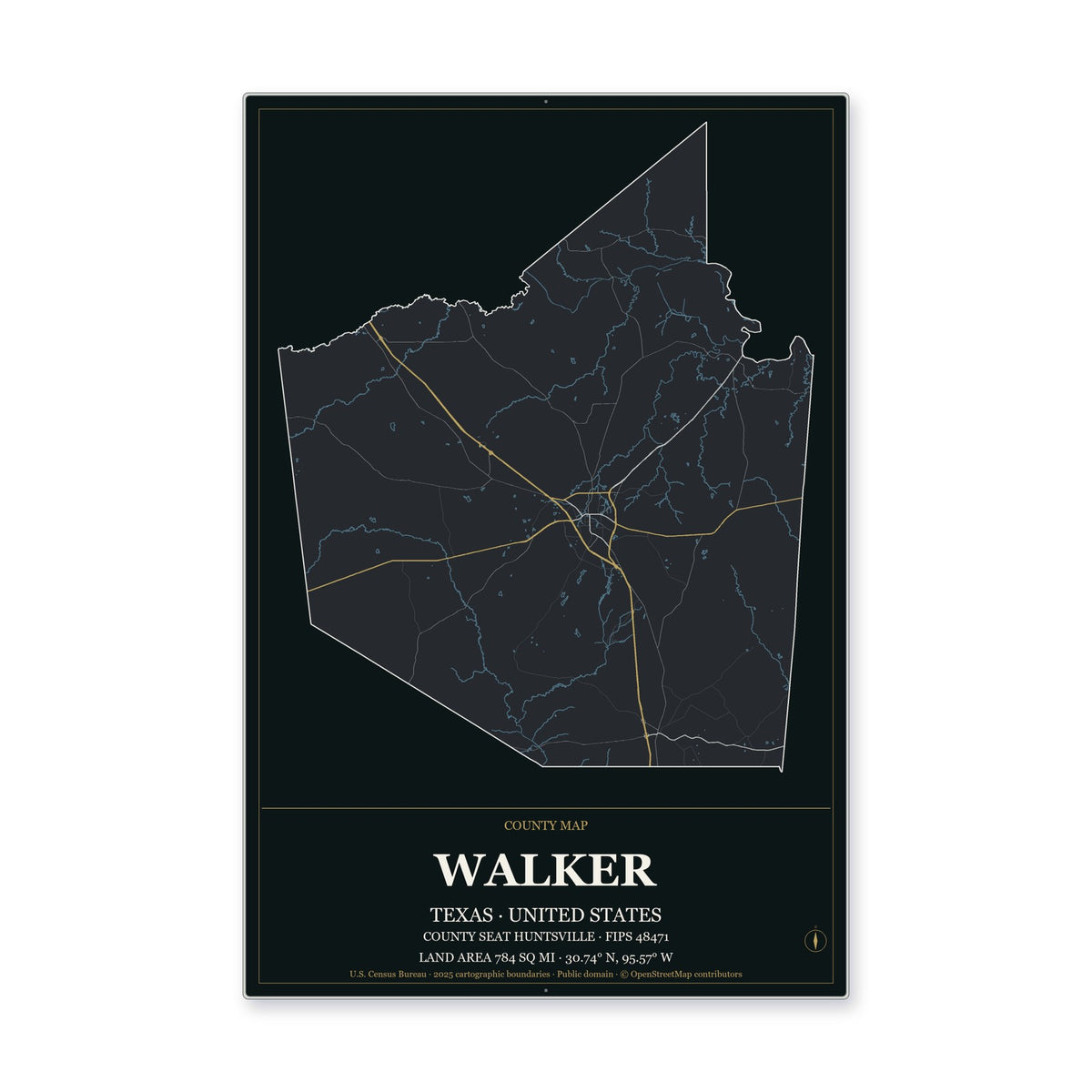 Walker County, Texas Map Aluminum Sign in Metropolitan Noir style