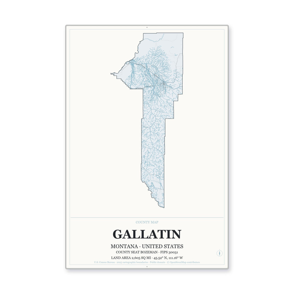 Gallatin County, Montana Map Aluminum Sign in Gallery Air style