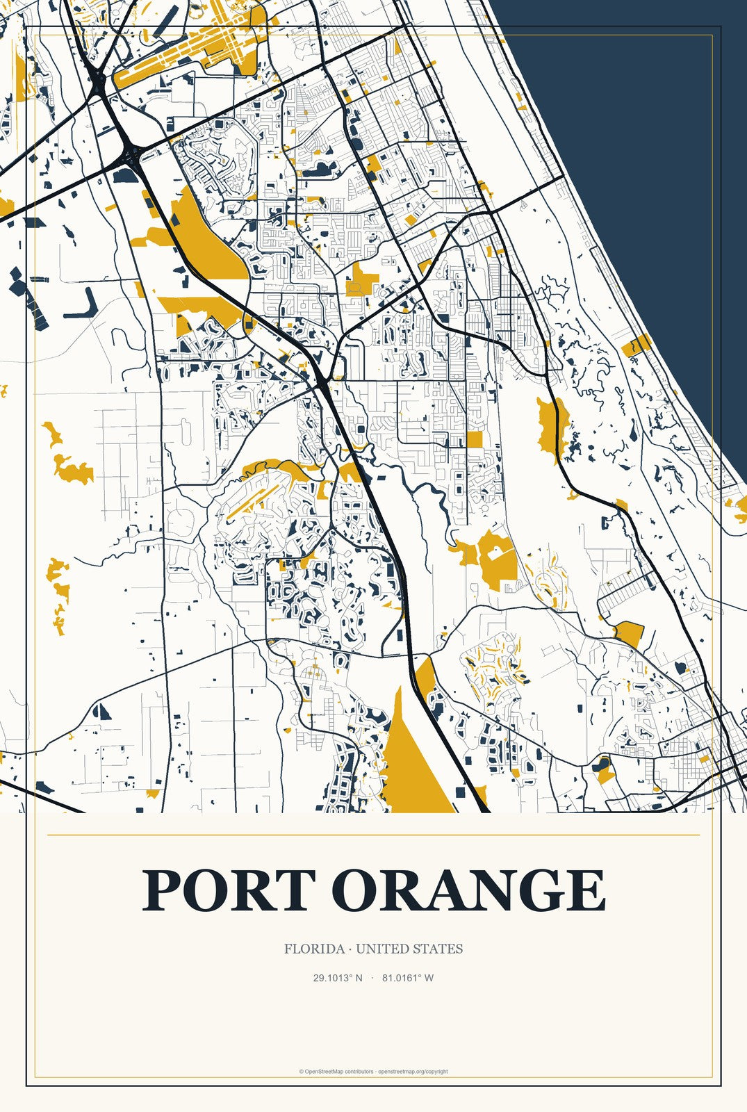 Port Orange, Florida City Map Aluminum Sign in Citrine Modern style